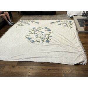 VTG King Chenille Bedspread Cream W/ Blue & Green Flowers (mended) + NIP Sham